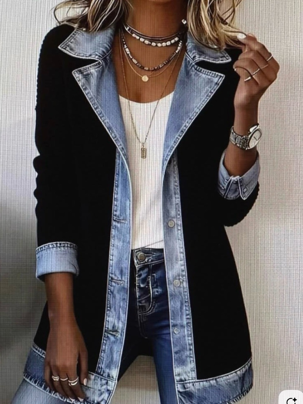 Black Blazer with Light Denim Trim - Women's Layered Suit Jacket